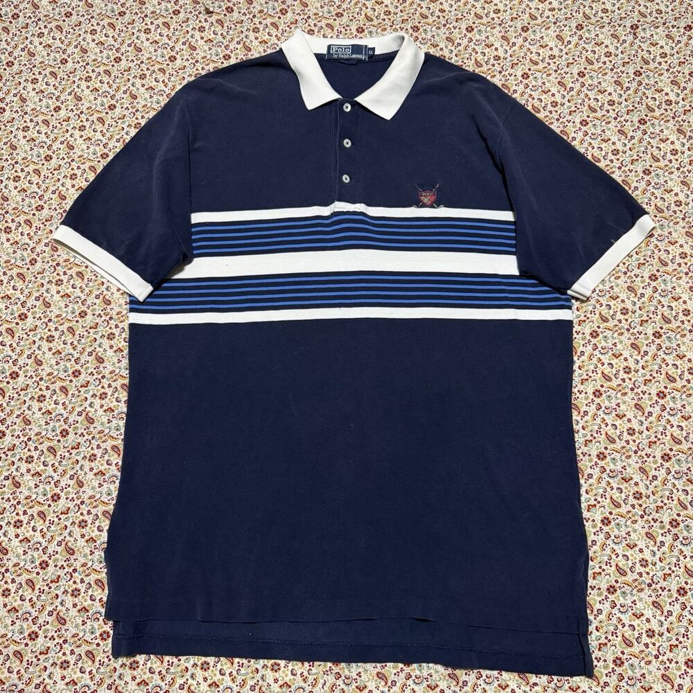 Polo Ralph Lauren Golf Logo Navy w/ Light Blue Striped White Collar Polo XL